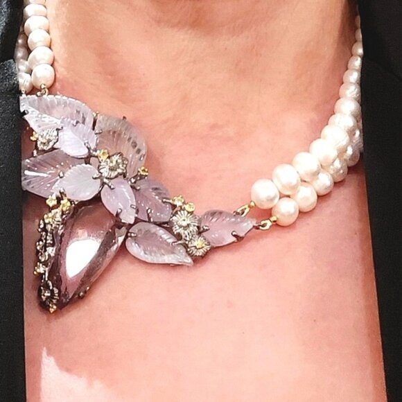 Natural Amethyst, Ametrine, Pearl‎ 925 Silver Necklace With Carved Stones - Picture 5 of 5